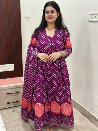 Gulzar Bandhani Anarkali Cotton kurta Set with dupatta purple