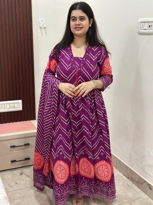 Gulzar Bandhani Anarkali Cotton kurta Set with dupatta purple
