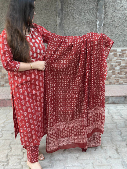 Red Bagru Cotton Suit - Vijay Laxmi