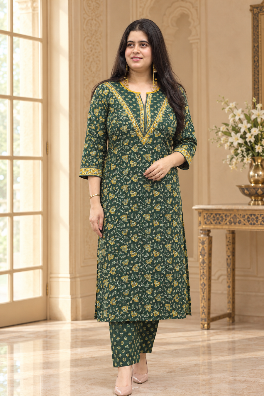Madhubani Cotton kurta set for women green