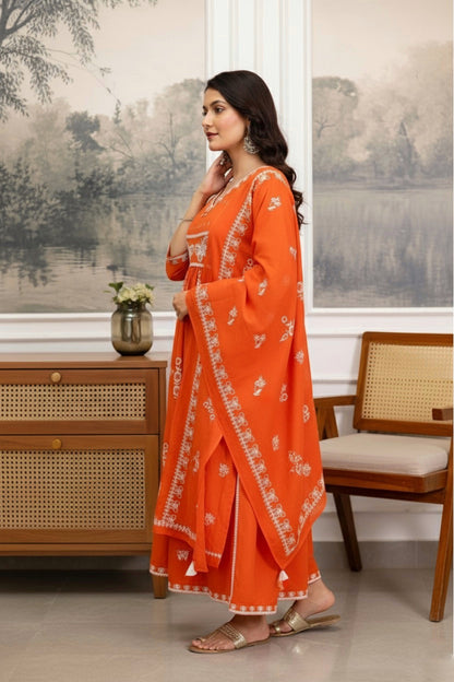 Floral Cotton Kurti Pant Dupatta Set – Thread & Lace Orange