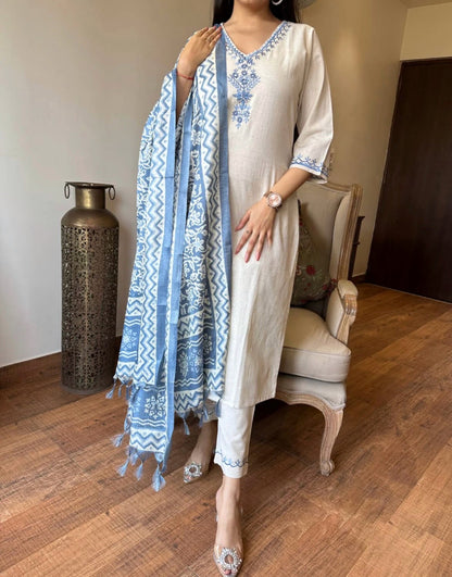 Off White Embroidered Cotton Flex Suit Set with Cotton Silk Dupatta