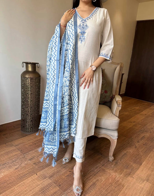 Off White Embroidered Cotton Flex Suit Set with Cotton Silk Dupatta
