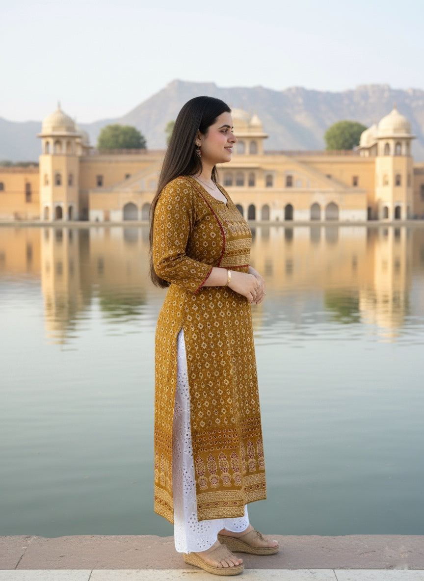 Airy Cotton Arjakh Kurti for women mustard
