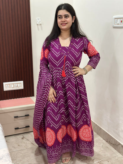 Gulzar Bandhani Anarkali Cotton kurta Set with dupatta purple