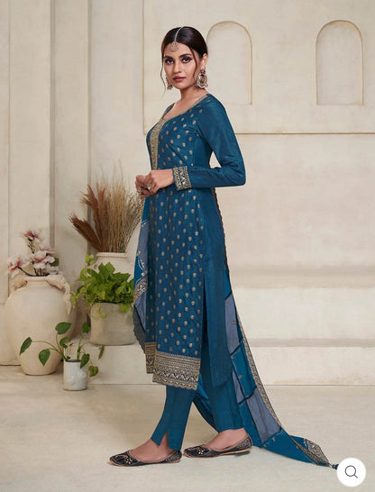 Dark Blue Dola Jacquard Banarasi Suit Set - Vijay Laxmi