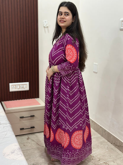 Gulzar Bandhani Anarkali Cotton kurta Set with dupatta purple