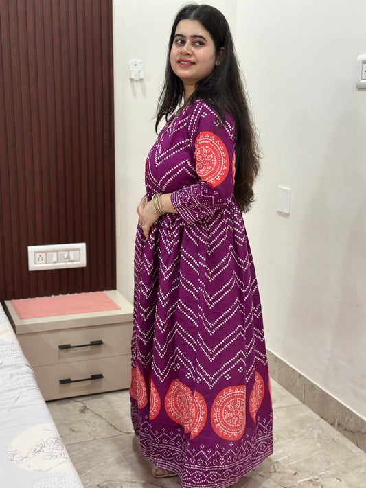 Gulzar Bandhani Anarkali Cotton kurta Set with dupatta purple