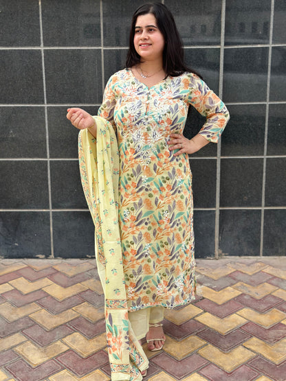 Gulmohar Mulmul Cotton kurta Set with pant & dupatta