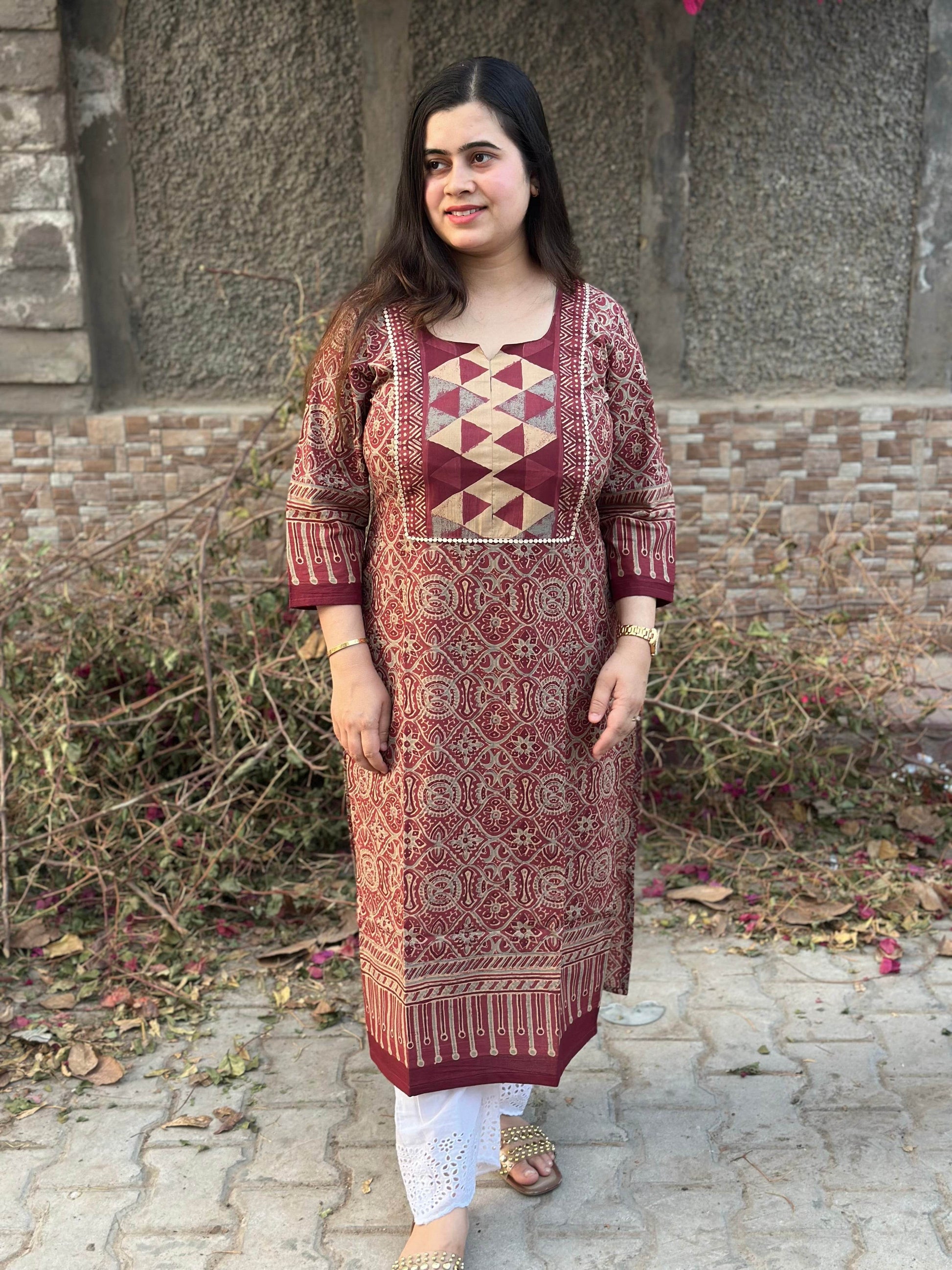 Airy Bagru Cotton Kurti for women rust - Vijay Laxmi