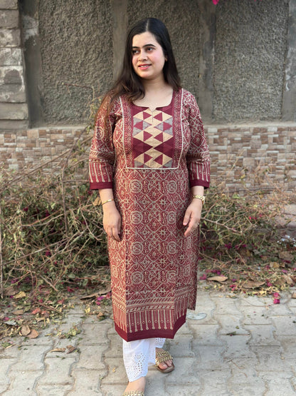 Airy Bagru Cotton Kurti for women rust - Vijay Laxmi