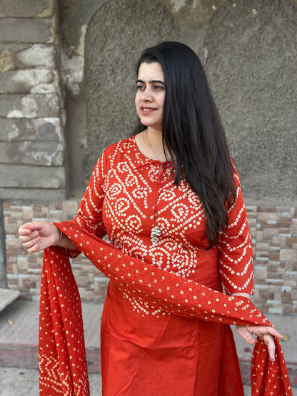 Amayra Cotton Kurta Embroidery Work Kurti Pant And Dupatta -Orange