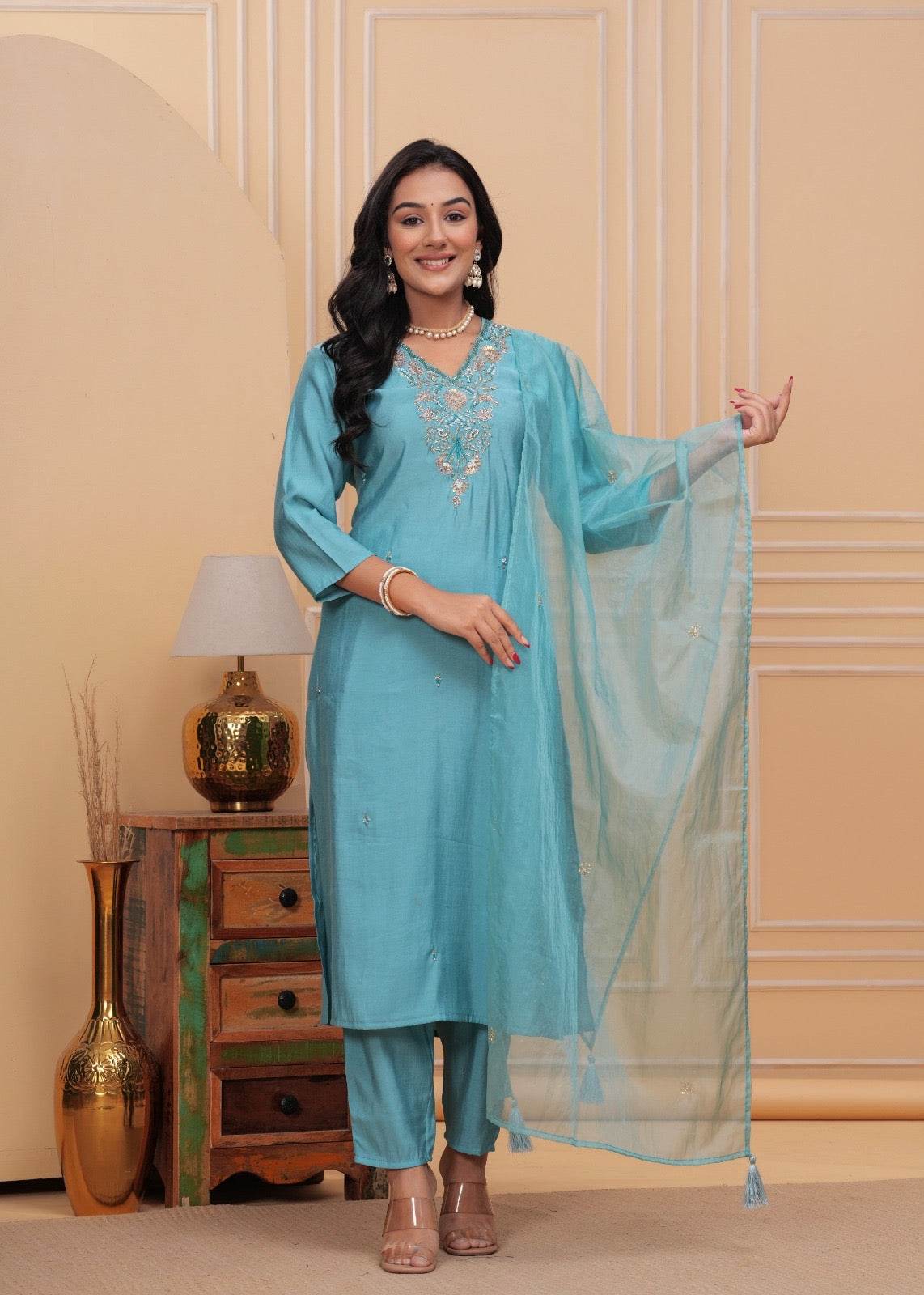 Modal Silk suit with organza dupatta - Vijay Laxmi