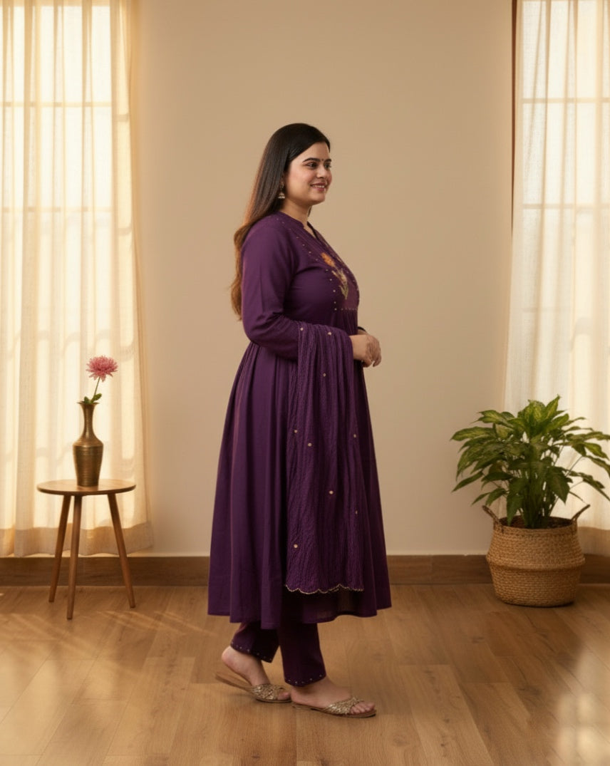 Cotton kurta set for women with dupatta Purple