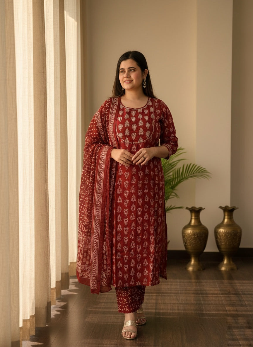 Red Bagru Cotton Suit
