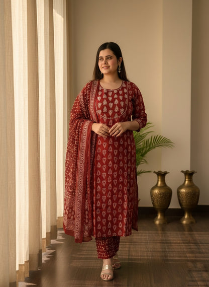 Red Bagru Cotton Suit