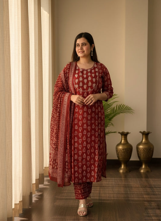 Red Bagru Cotton Suit