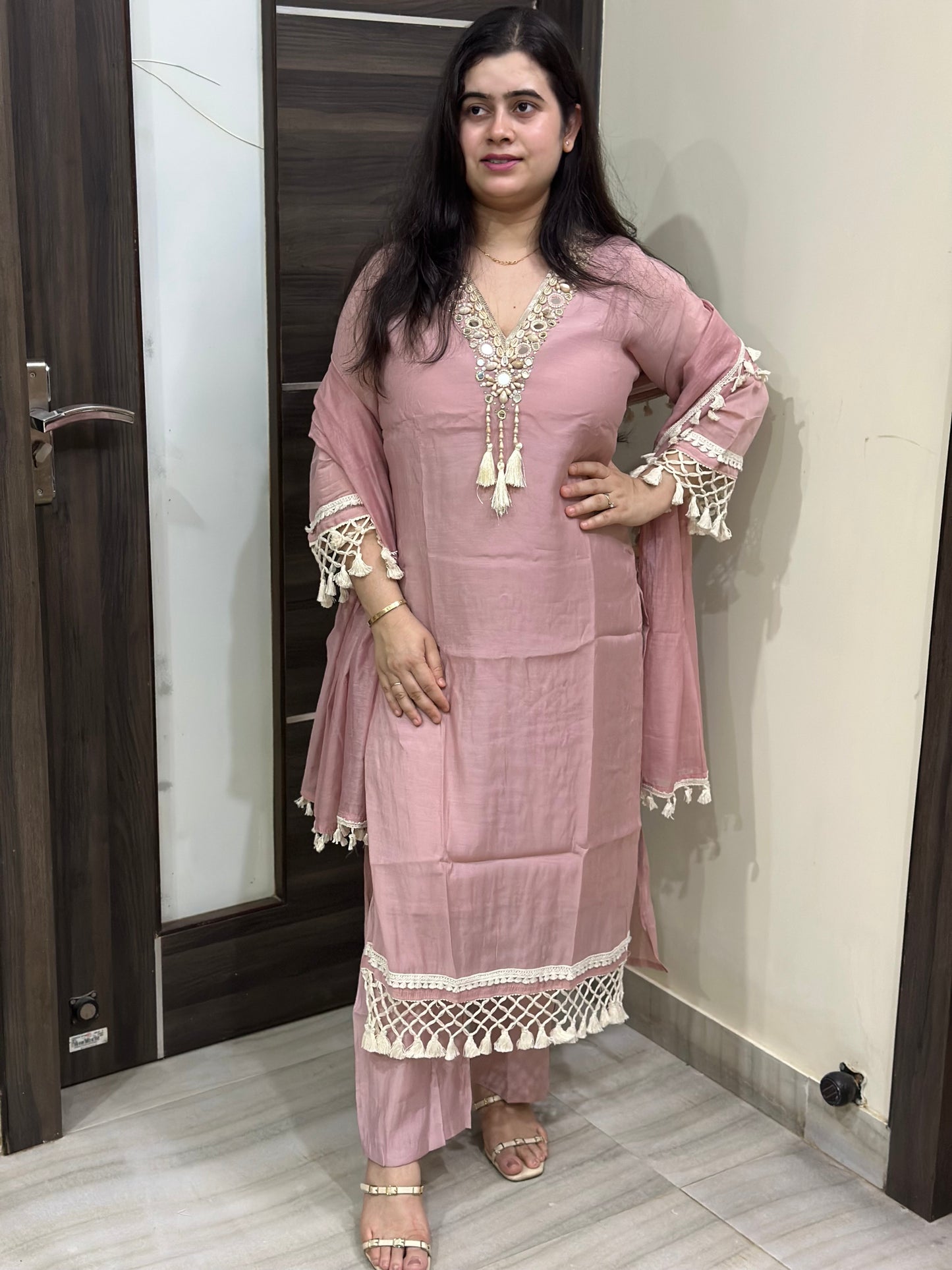 Anami festive Mul chanderi kurta set with silk dupatta pink
