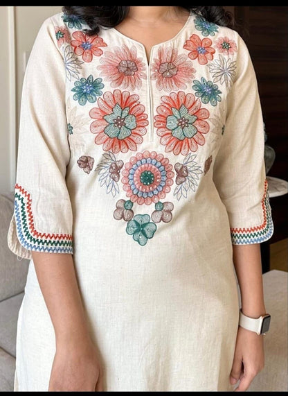 Off White Embroidered Cotton Flex Kurta Set