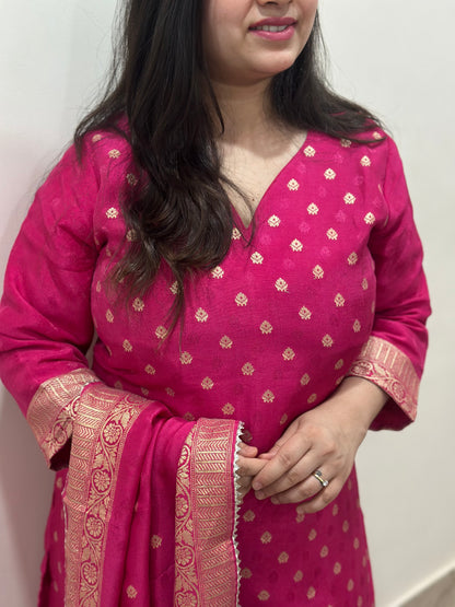 Rani Banarasi Silk Suit Set for Women- Kurta, Pant & Dupatta