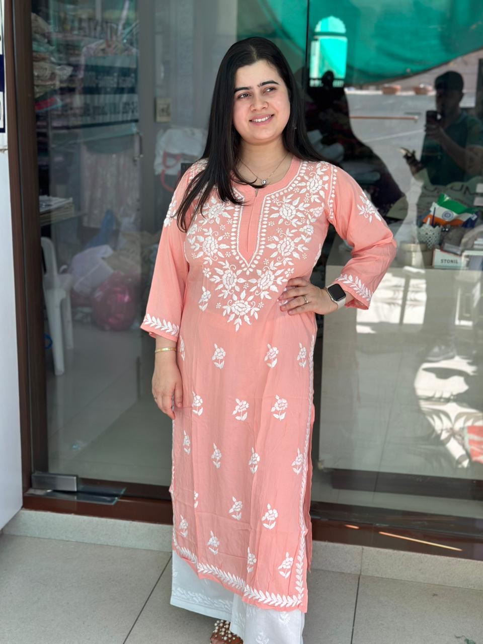 Chikankari Modal Kurti Peach