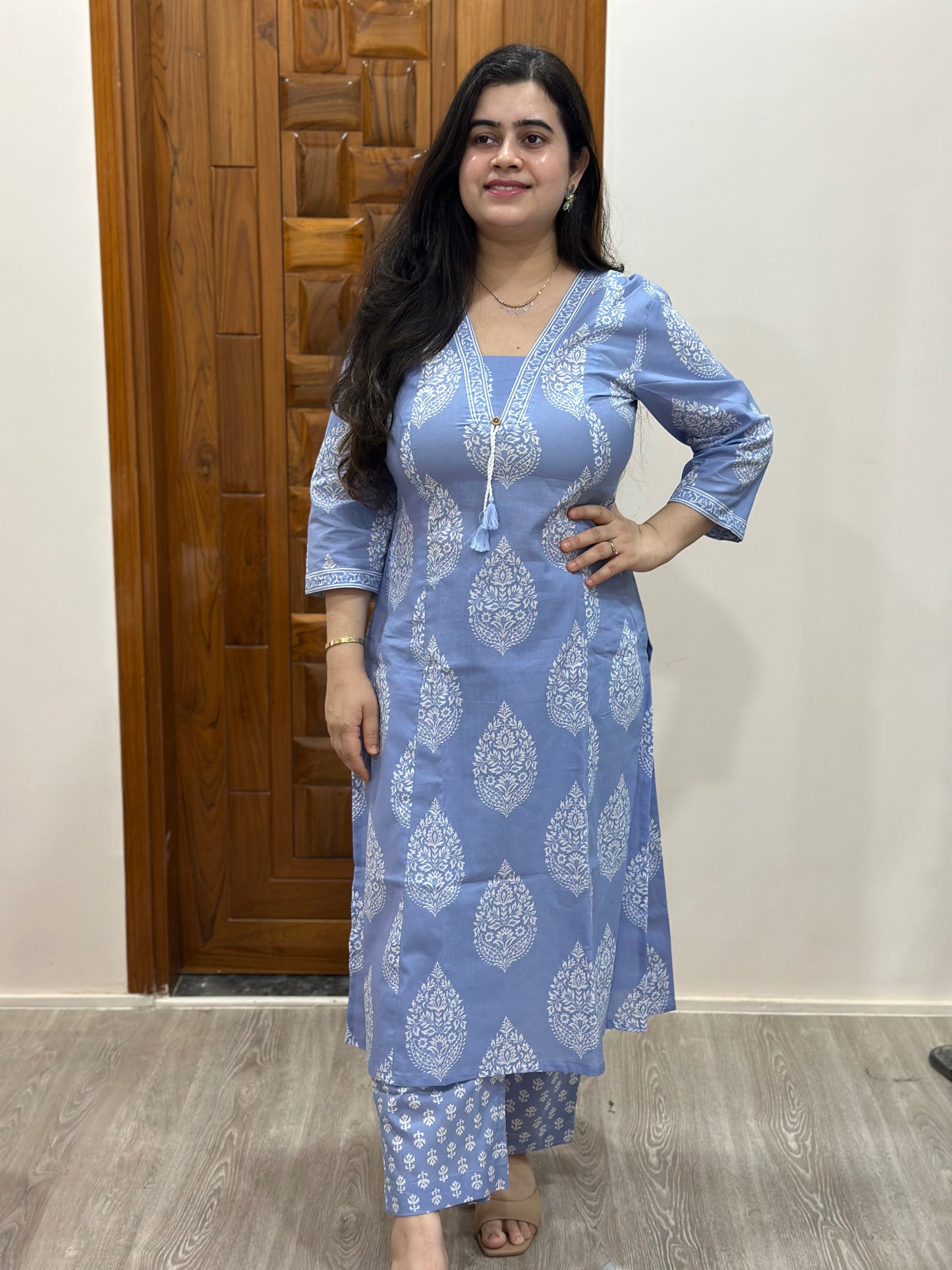 Gulmohar kalamkari cotton cord set powder blue