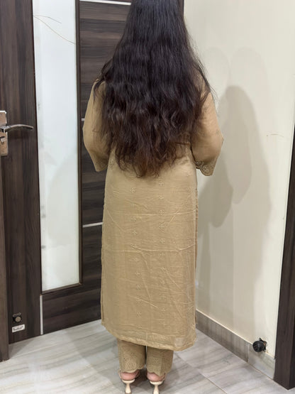 Mehar premium chikankari cotton Kurta & Pant with cotton lining Brown