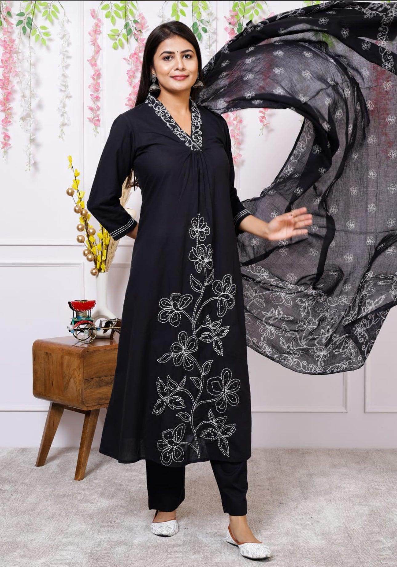 Cotton Kurta Set Black - Vijay Laxmi