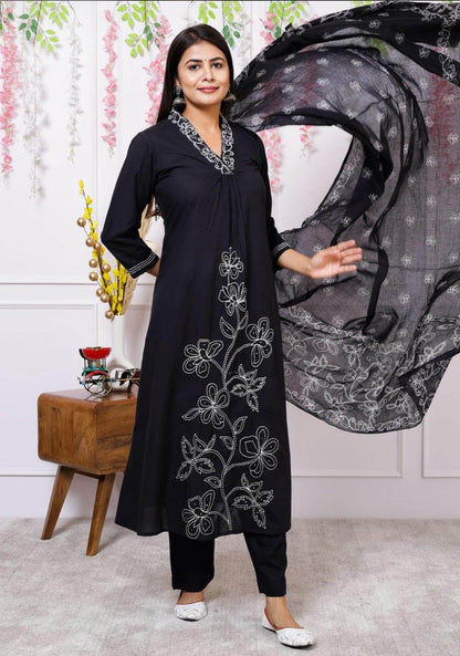 Cotton Kurta Set Black - Vijay Laxmi