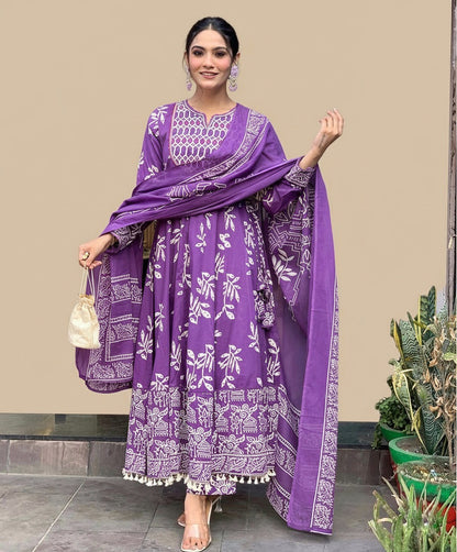 Amayra Cotton Embroidered Work Kurti Pant & Dupatta - Purple