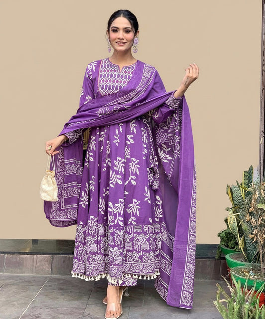 Amayra Cotton Embroidered Work Kurti Pant & Dupatta - Purple