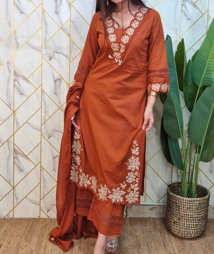 Gaurangi Embroidered Cotton Kurti Pant Dupatta Set – Thread & Lace