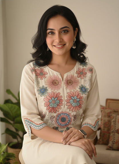 Off White Embroidered Cotton Flex Kurta Set