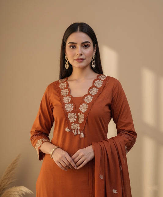 Gaurangi Embroidered Cotton Kurti Pant Dupatta Set – Thread & Lace