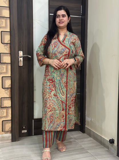 Noor kalamkari angrakha cotton Kurta & Pant Red