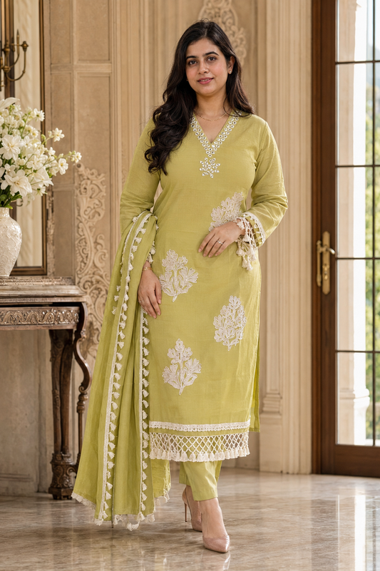 Anami festive Mul chanderi kurta set with silk dupatta