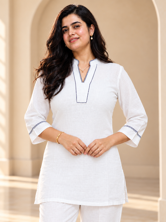 Ivory Hand-Embroidered Cotton Flex Kurta Pant Co-ord Set