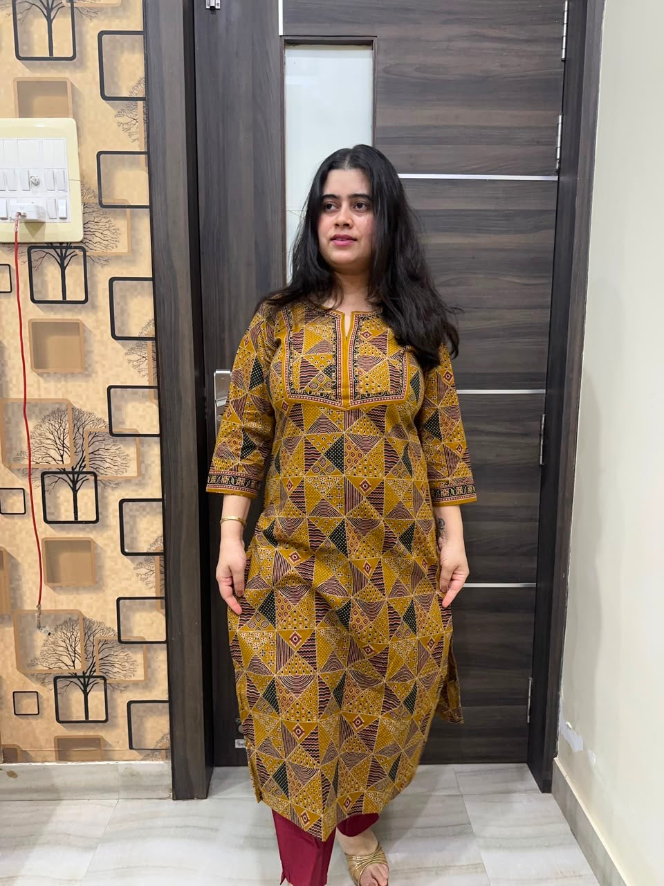 Madhubani pure cotton kurti for women mustard