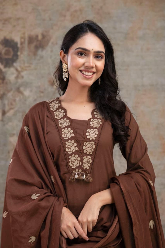 Gaurangi Embroidered Cotton Kurti Pant Dupatta Set – Thread & Lace Brown