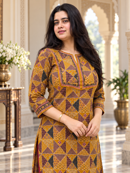 Madhubani pure cotton kurti for women mustard
