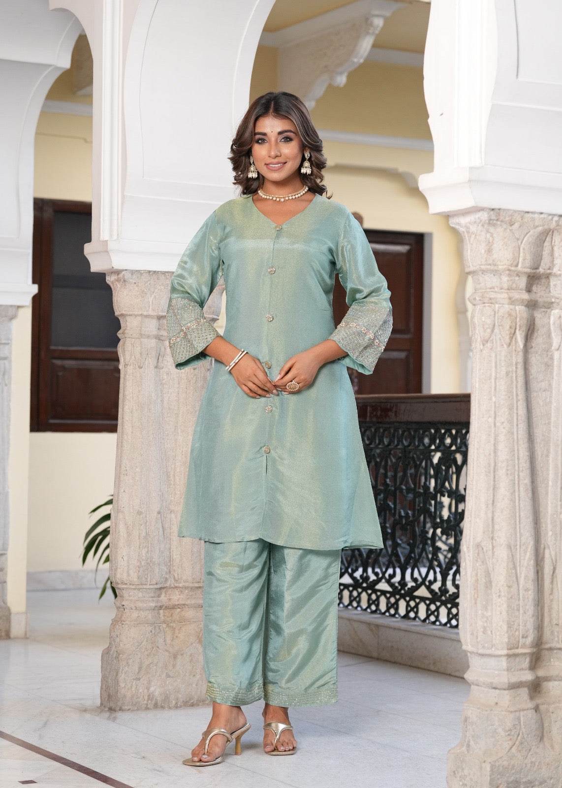 Shimmer Silk suit For Women Aqua - Vijay Laxmi