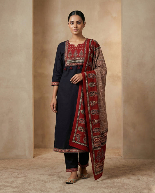 Black Arjakh Cotton Kurti Pant Dupatta Set – Thread & Lace