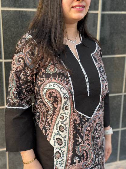 Airy Cotton Kalamkari kurti for women- Black Pakistani pattern
