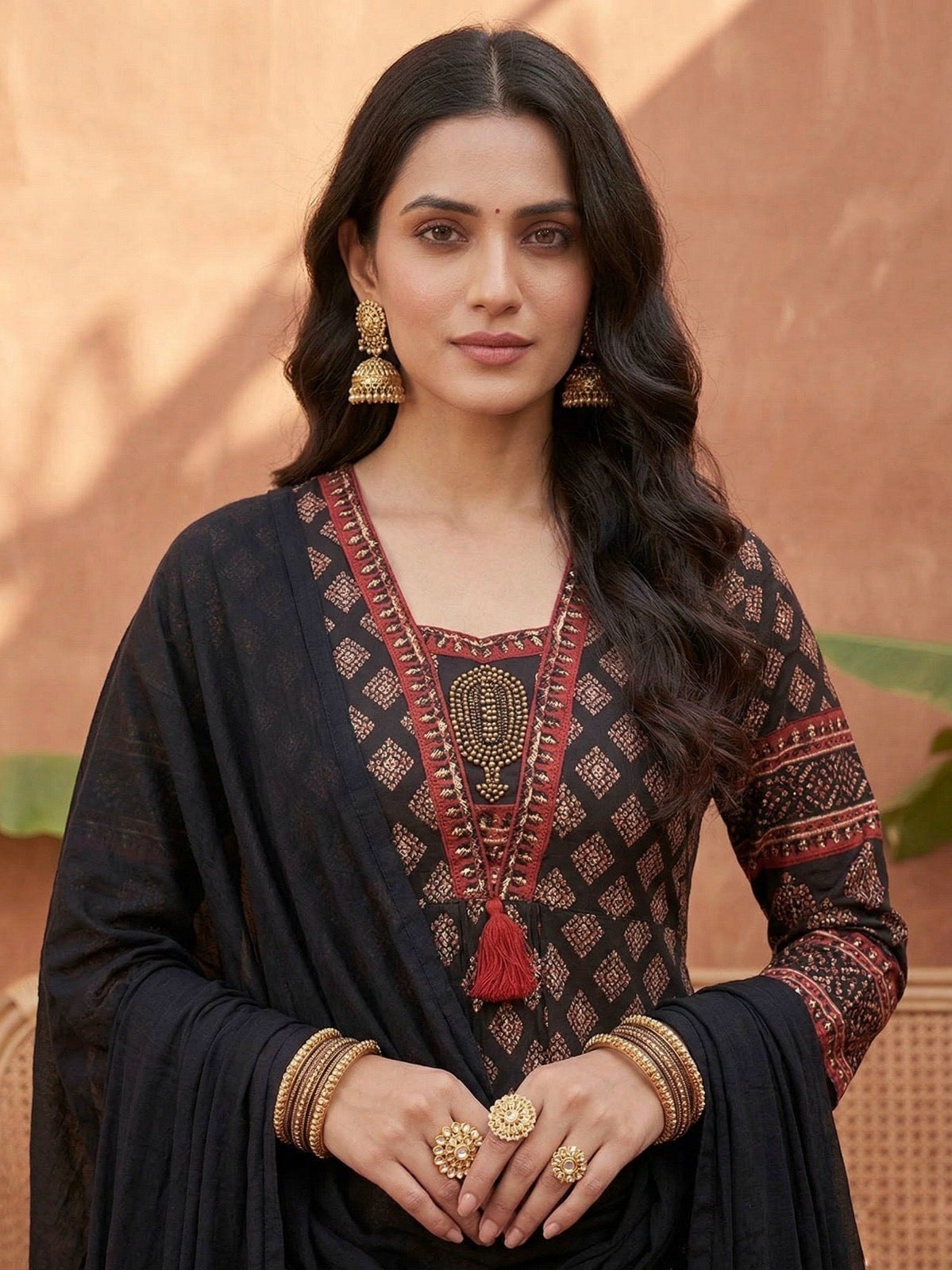 Aarohi Cotton Frock suit with dupatta & pants Black