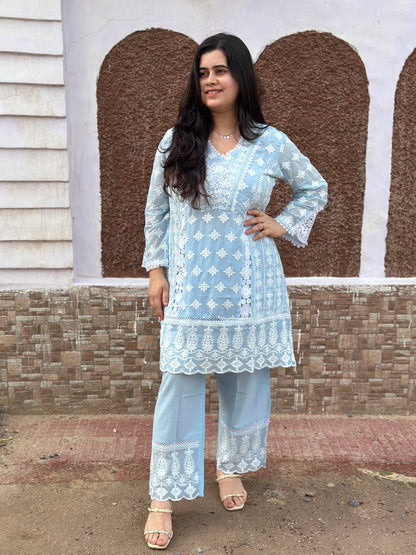 Gulmohar Chikankari Cotton Cord Set for women blue