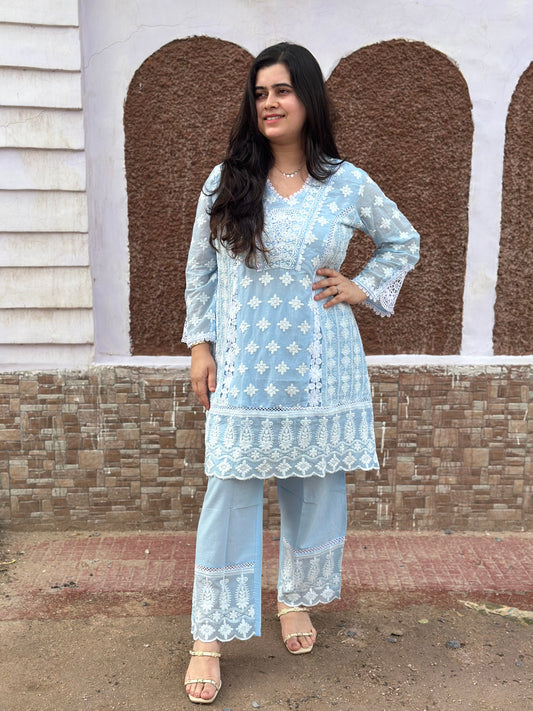 Gulmohar Chikankari Cotton Cord Set for women blue