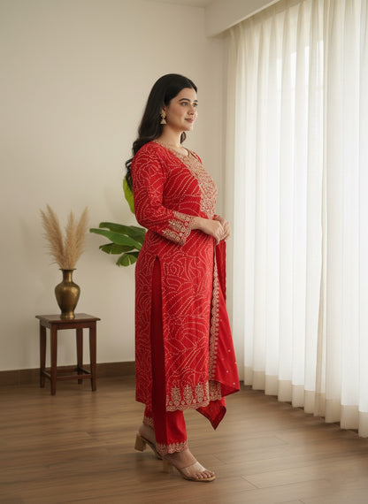 Maharani Handcrafted Bandhej  Embroidery Suit Set Red