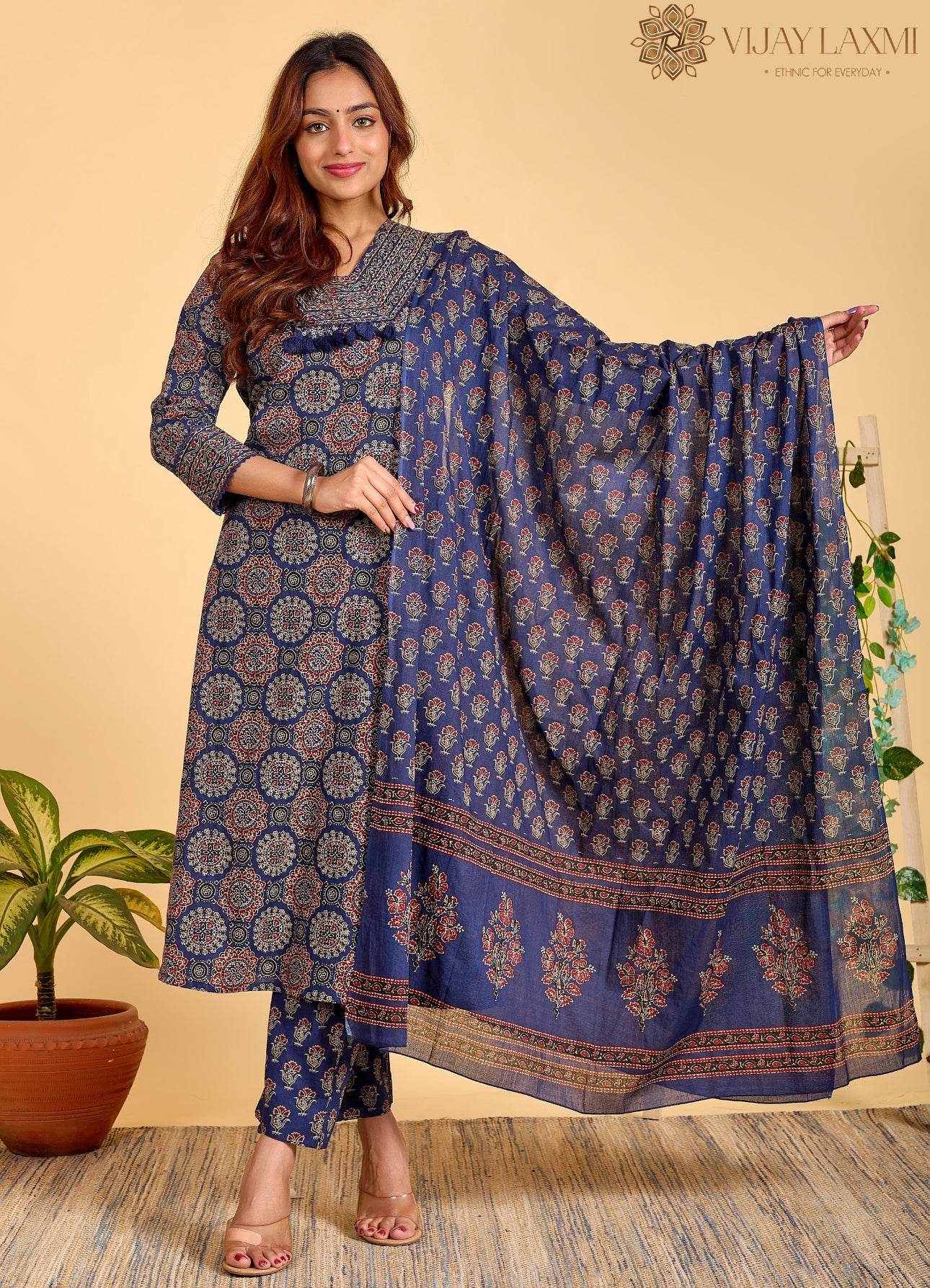 Ajrakh Printed Cotton Suit For Women - Vijay Laxmi