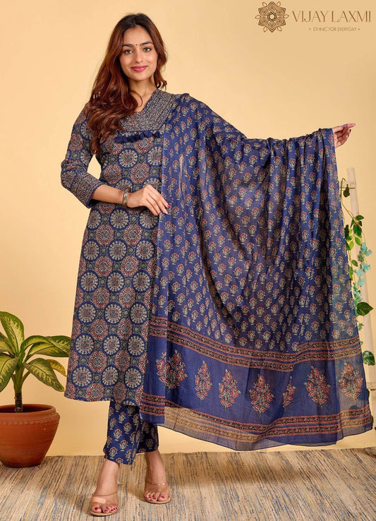 Ajrakh Printed Cotton Suit For Women - Vijay Laxmi