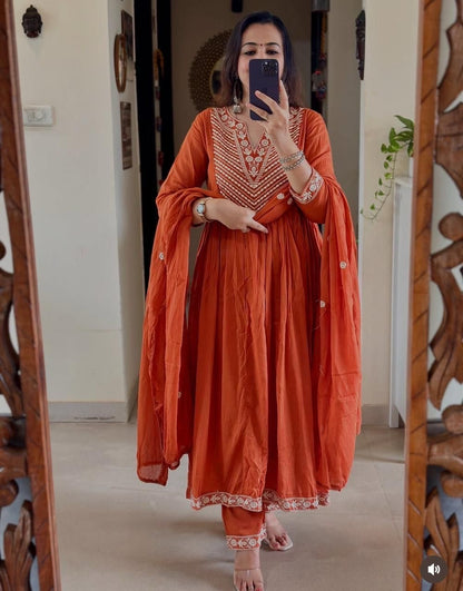 Premium Cotton Designer Thread Embroidered Anarkali Suit Set